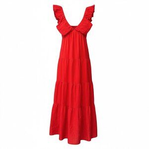 Jason Wu NWT Red Linen Blend Smocked Ruffle Tiered Maxi Dress Women's size M